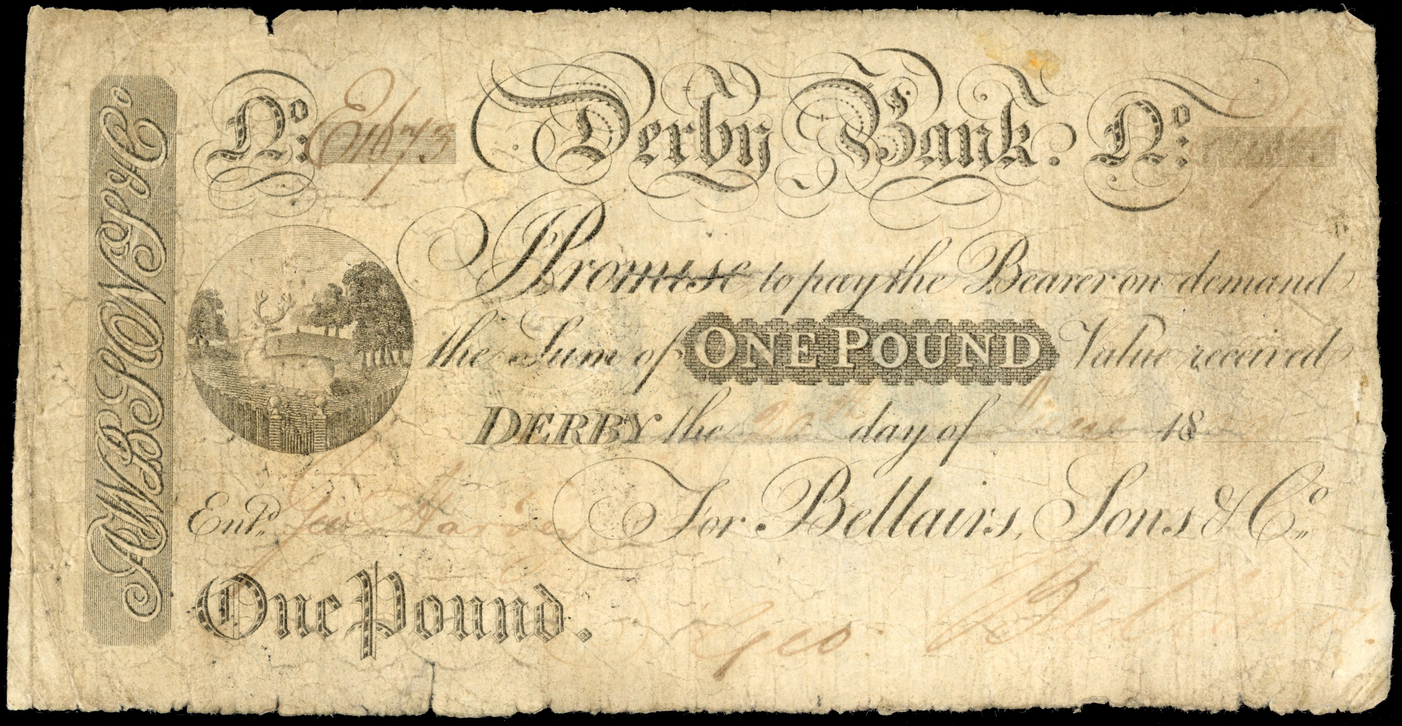 DERBY, Derby Bank, for Bellairs, Sons & Co., £1.,20 June1814, serial number E1673, Bellairs signature, vignett…