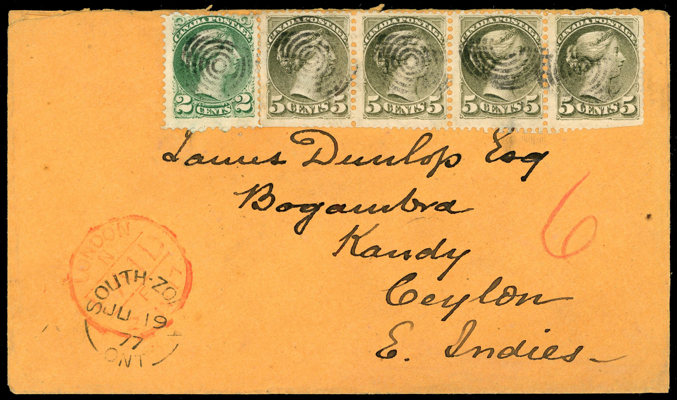 Canada 1877 SG85, 94 Cover to Ceylon at pre-UPU 22c rate