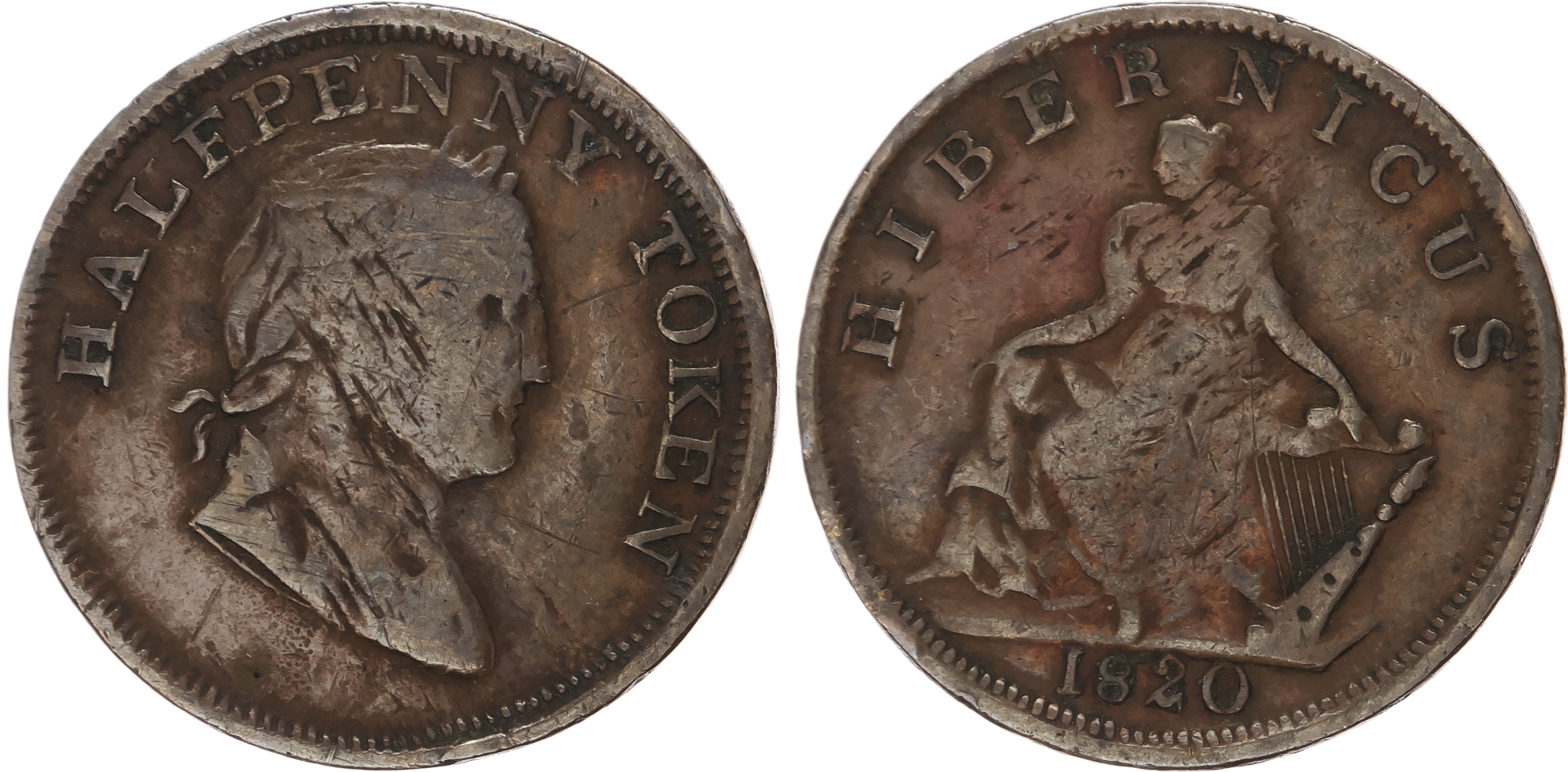 IRISH, NON LOCAL General Circulation Halfpenny 1822, Crude laureate draped bust of George III right, rev. Hibe…