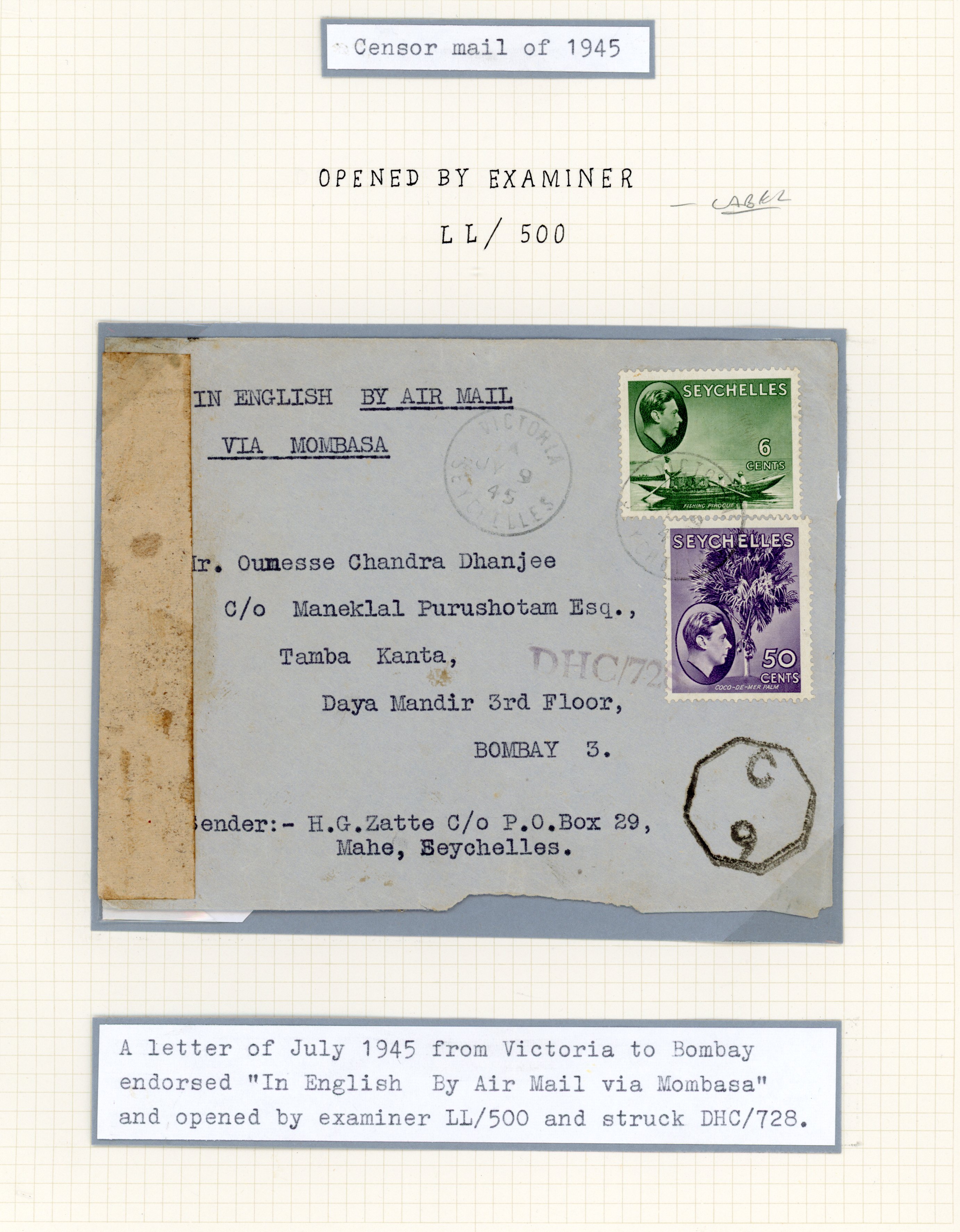 Seychelles 1945 Censored mail