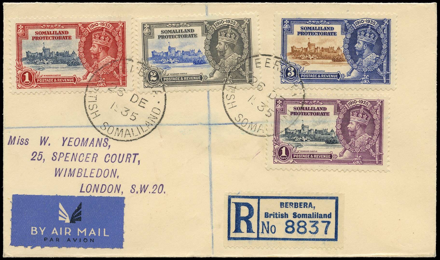 SOMALILAND PROTECTORATE SG 86/89l 1935 COVER WITH SJ 1s VAR KITE AND HORIZONTAL LOG
