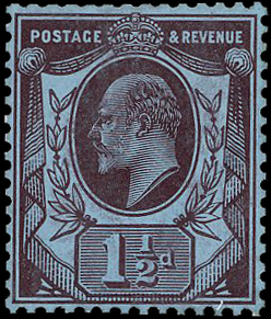 1909 1½d Colour trial. Very fine example printed in purple on blue tinted (white...