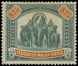 1900 $25 green and orange watermark Crown CC, large part o.g.  Brownish hinge remainder and some slightly short perfs at...