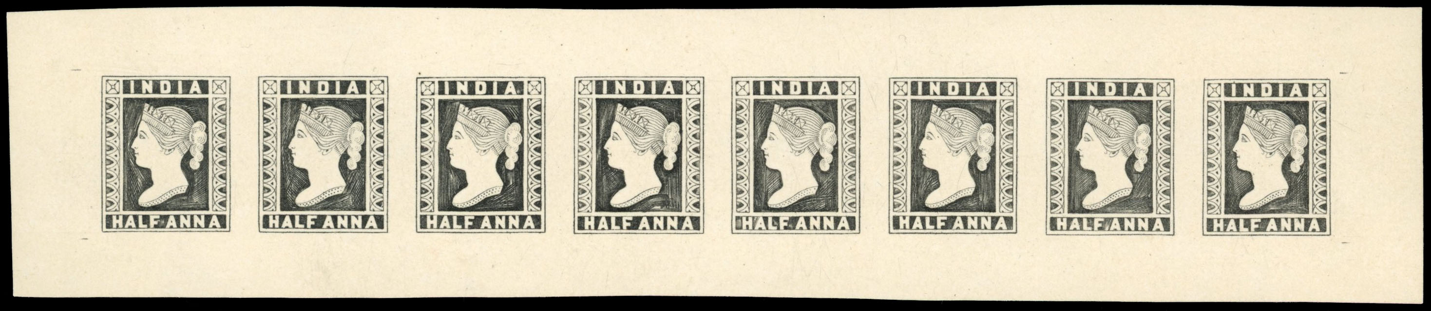 † India 1890 essay with Crosses in upper corners, ½a die proof row