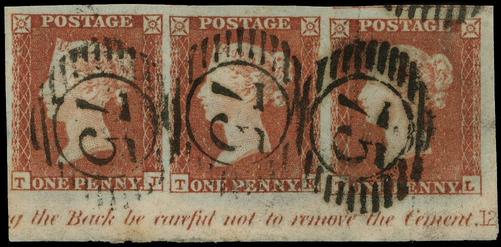 1841 1d Red-brown Pl.126 (TJ-TL) strip of three
