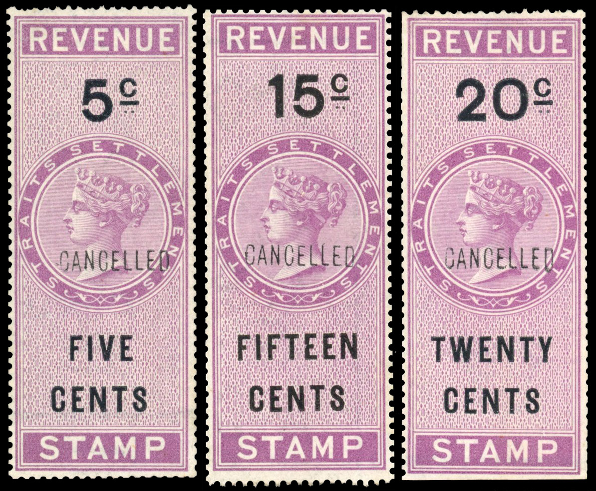 Straits Revenues 1873-81 5c, 15c, 20c Cancelled