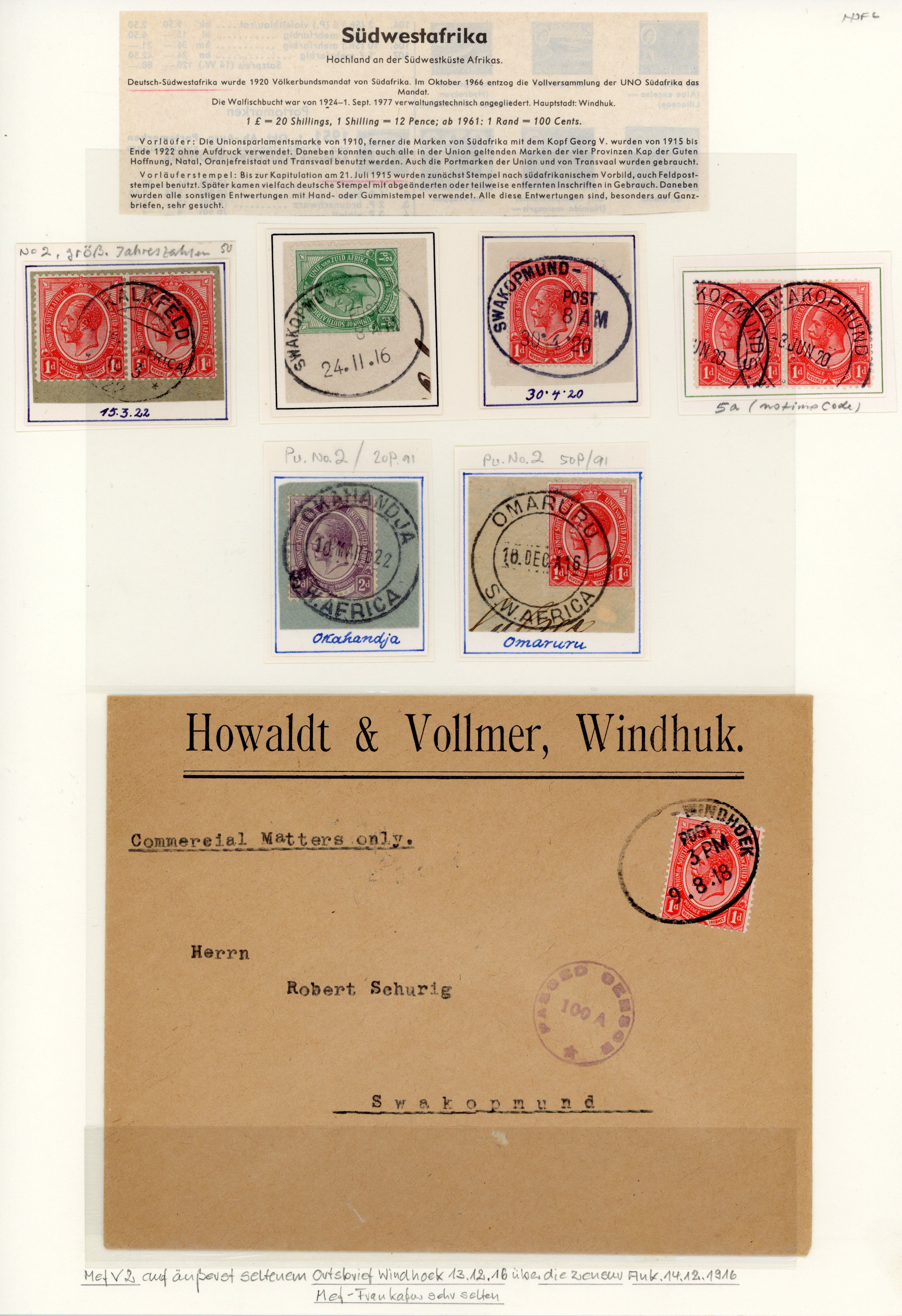 SOUTH WEST AFRICA: 1916-22 South Africa used in South West Africa including cancels, loose stamps, covers, 4d registered