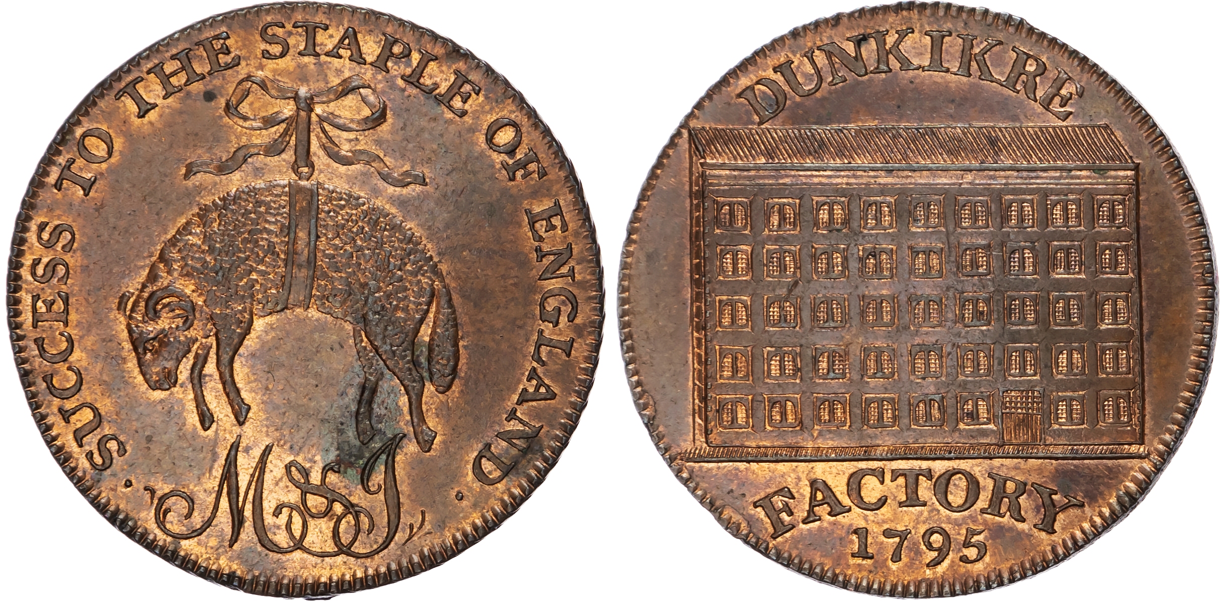 Som. Freshford , John Moggeridge and Thomas Joyce (yarn and clothmakers) Halfpenny 1795, Hanging fleece, rev. …
