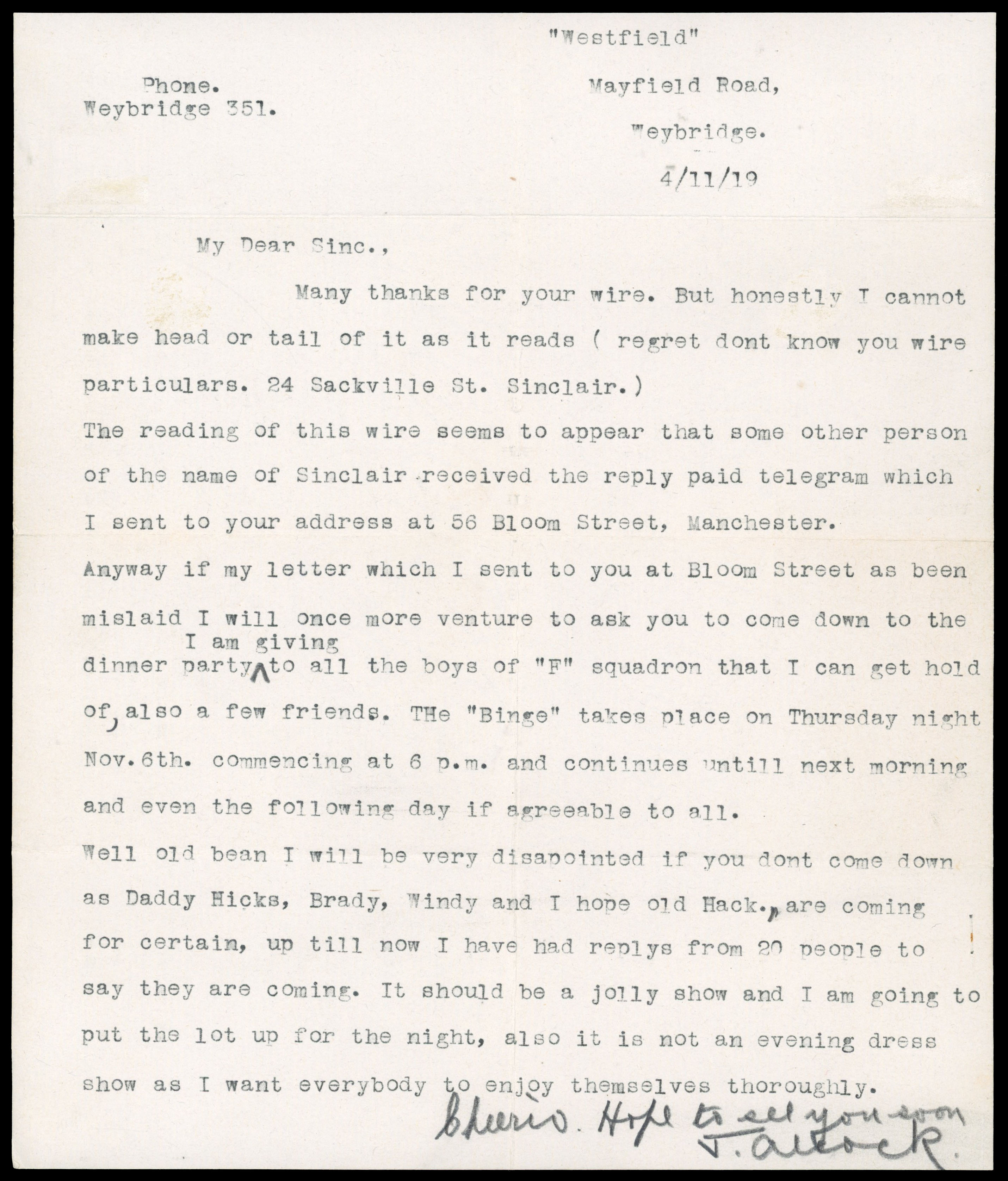 Newfoundland 1919 J.Alcock signed letter