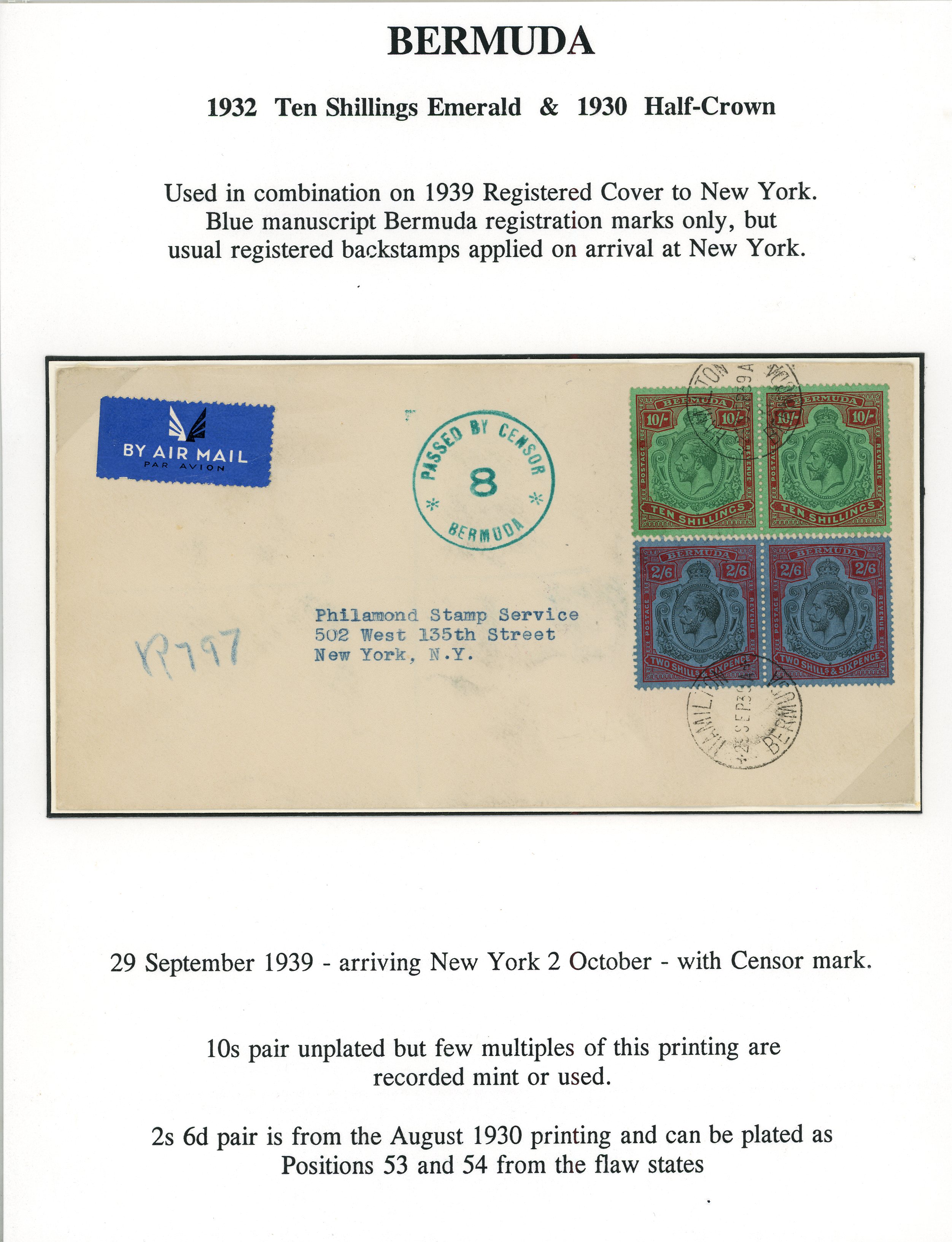 Bermuda Censored envelope addressed to New York franked with 1924-32 2s6d and 10s, both horizontal...