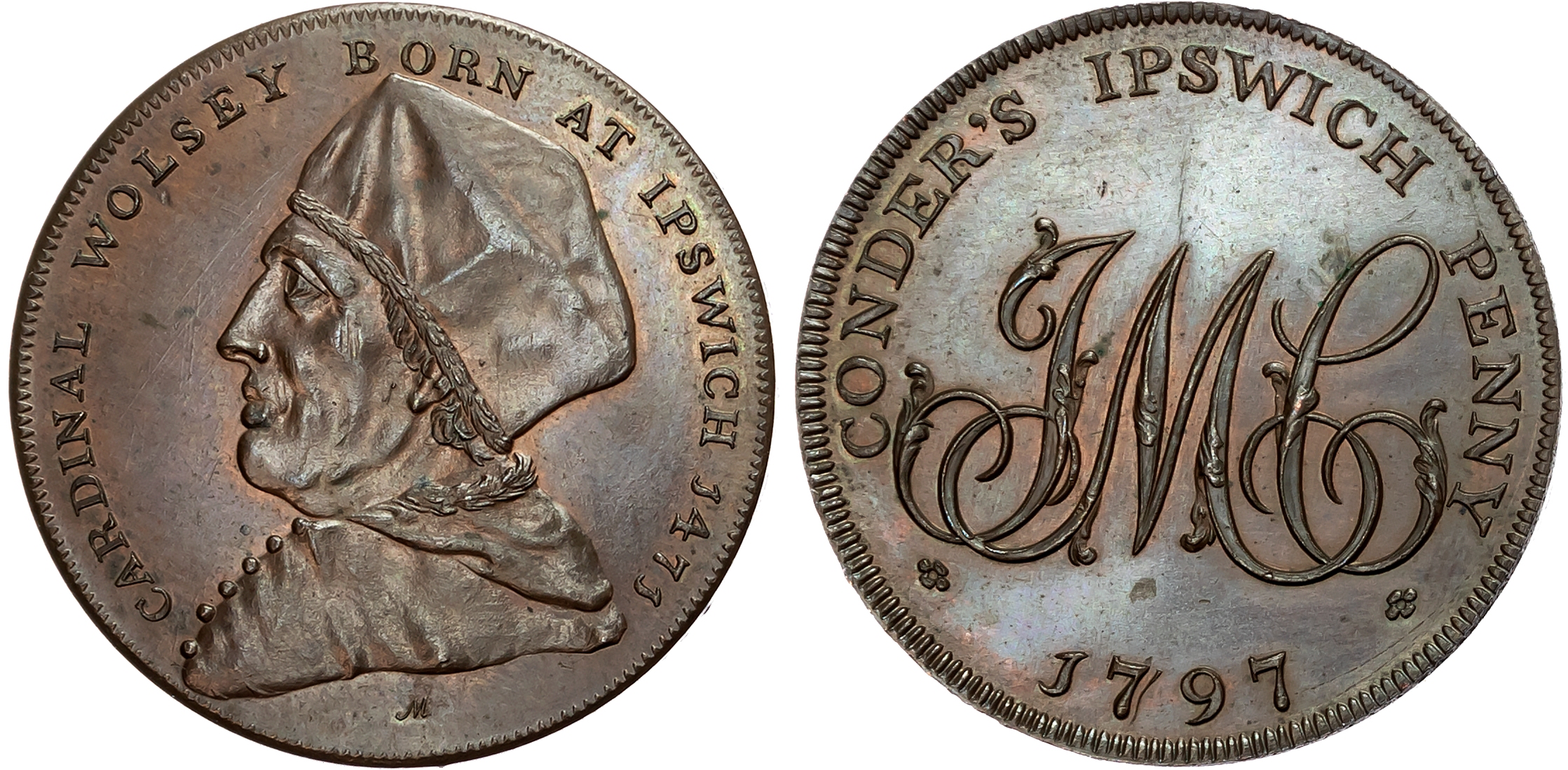 Suff.  Ipswich , James Conder Penny 1797, Bust of Cardinal Wolsey left, rev . JMC cypher, edge plain, 32.2mm/16.80gm. (D …