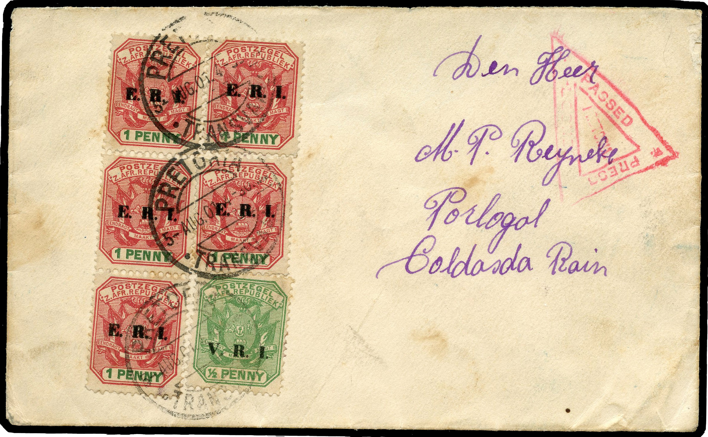Transvaal 1901 Boer war POW mail to Portugal 
