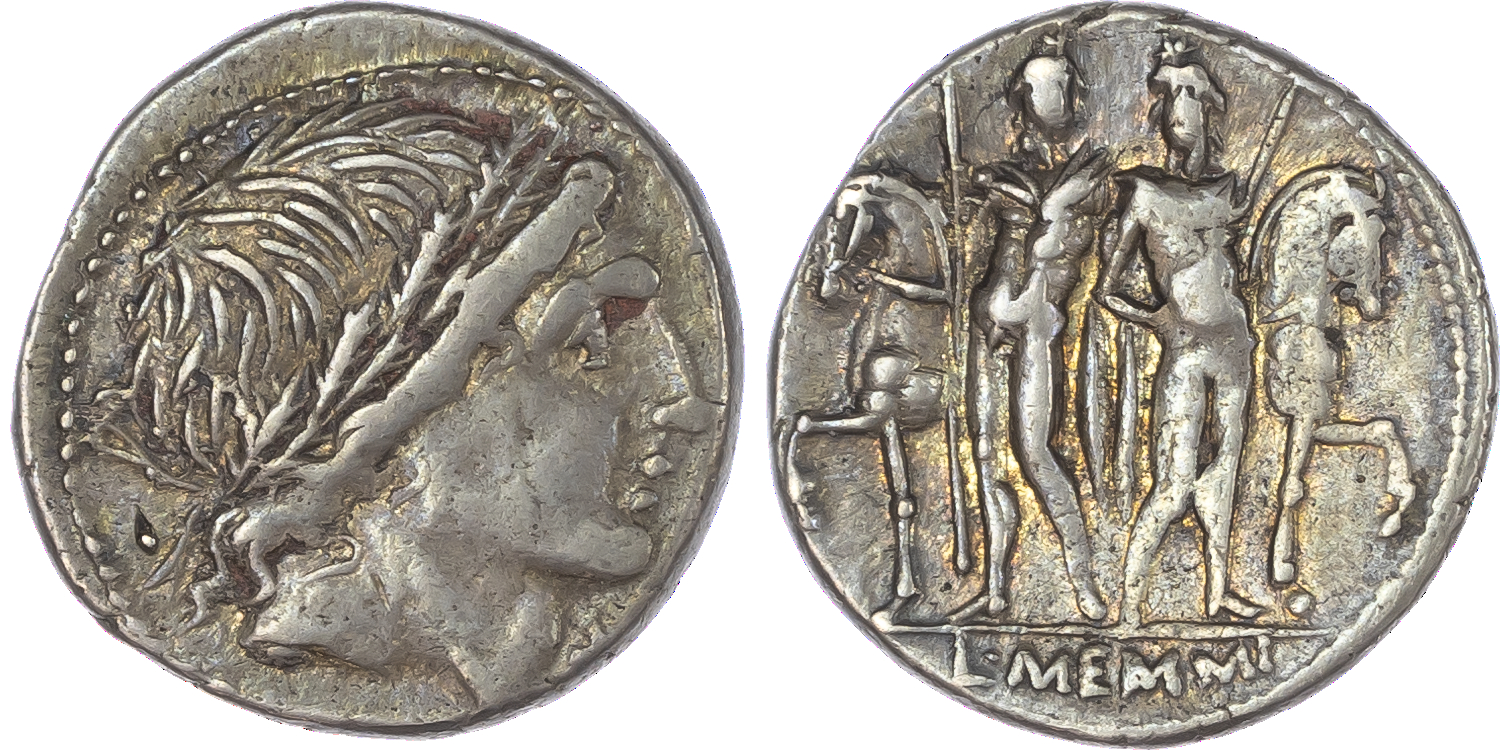 L. Memmius (109-108 BC) AR Denarius, Rome, 3.89g. Male head facing right, wearing an oak wreath. Rev. The Dioscuri standing