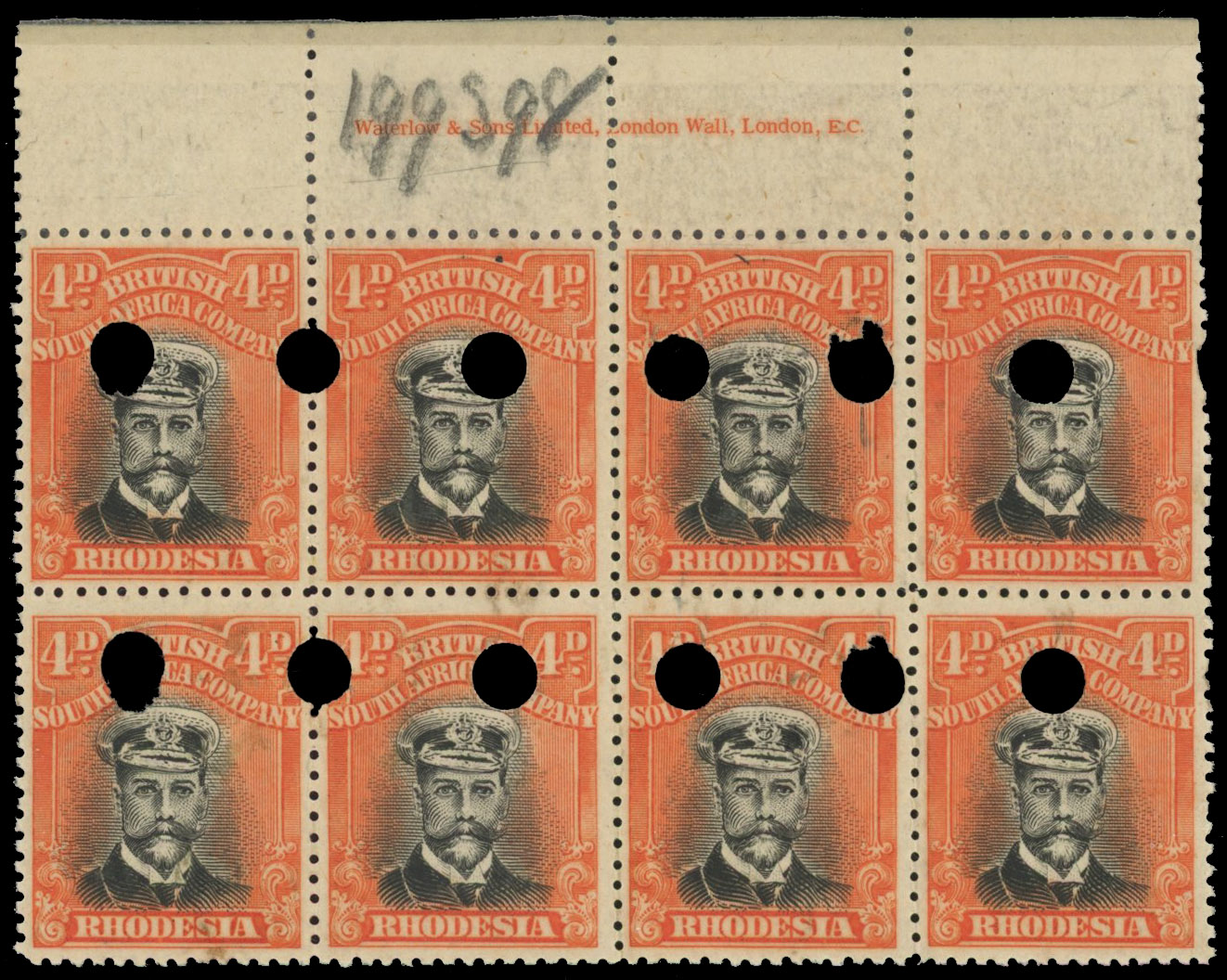 Rhodesia 4d SG 261 imprint block from printer's file sheet
