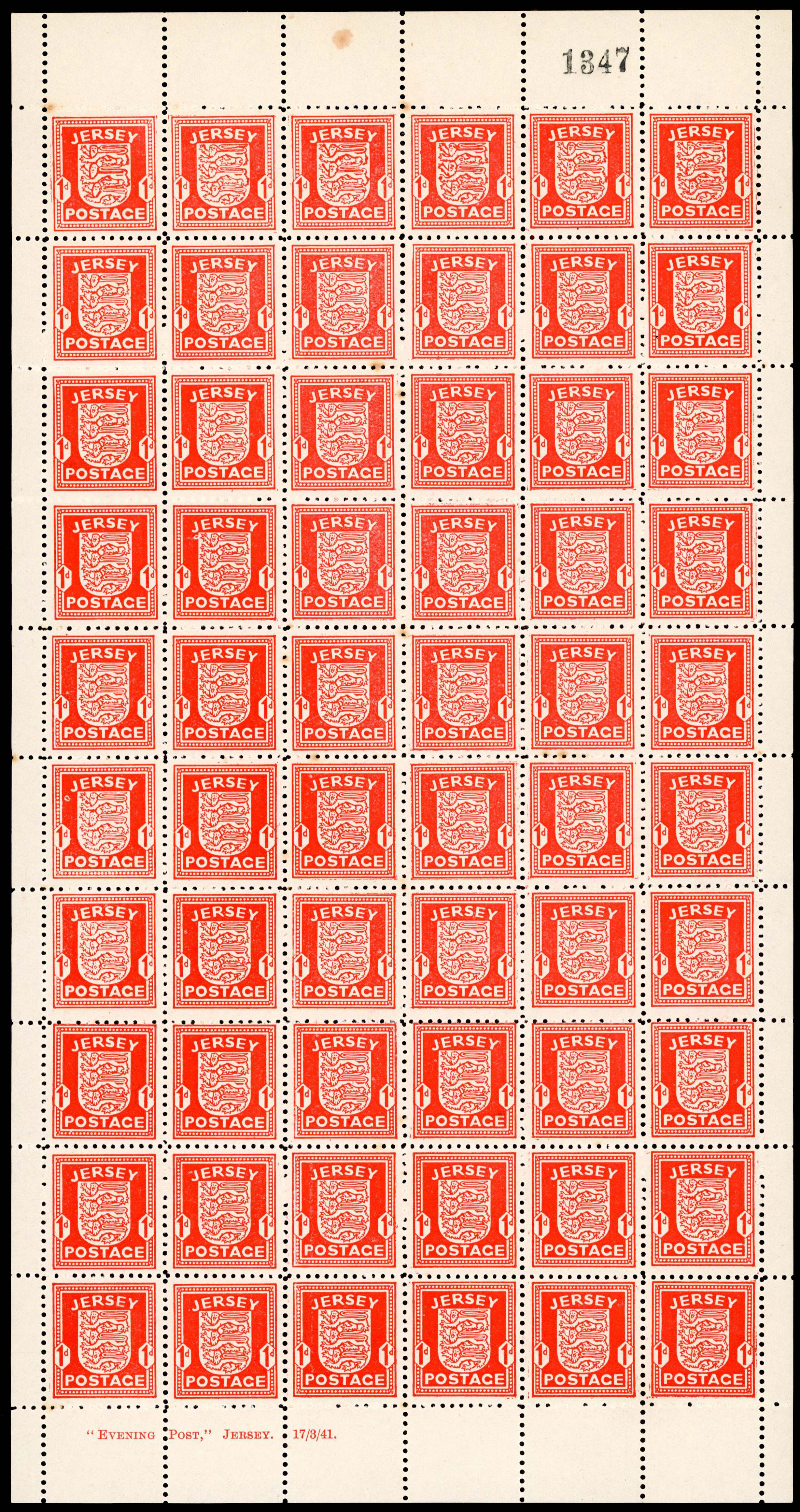 1941 Jersey Arms 1d Scarlet War Occupation issue. Two unmounted o.g. complete sheets of sixty. 