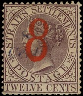 1884 8 on 8c on 12c brown-purple, the type 23 surcharge in blue, unused without gum; perfs at base a little blunt,...