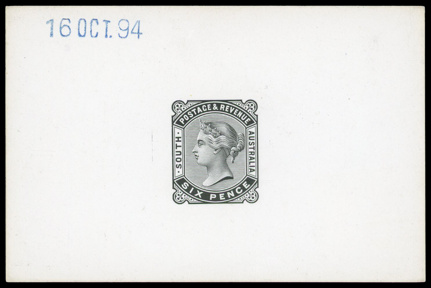 1894 6d die proof in black on thick glazed card dated “16 OCT. 94” in blue. Fine.