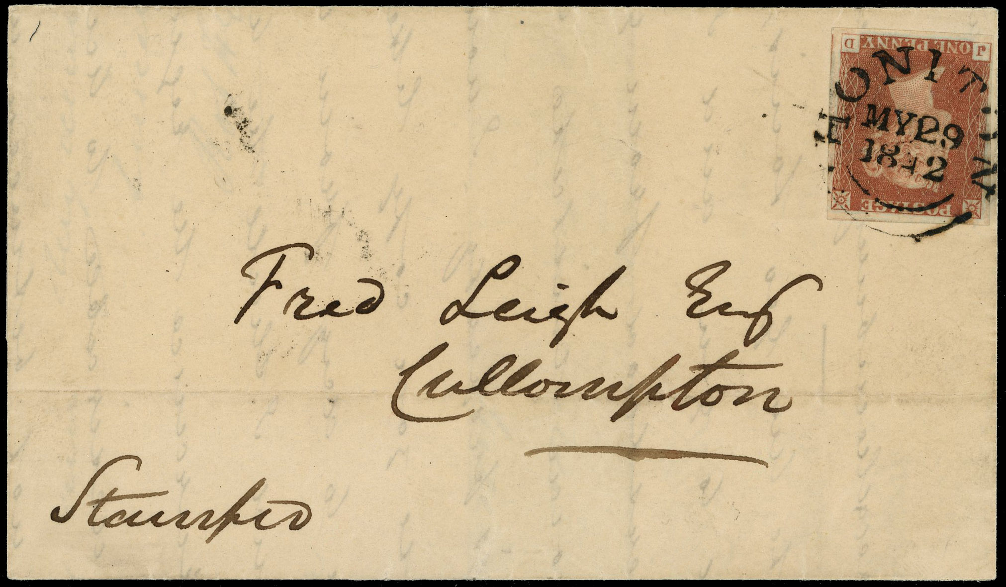1841 1d Red-brown Pl.21 (JD). Honiton 'Wessex' cancel