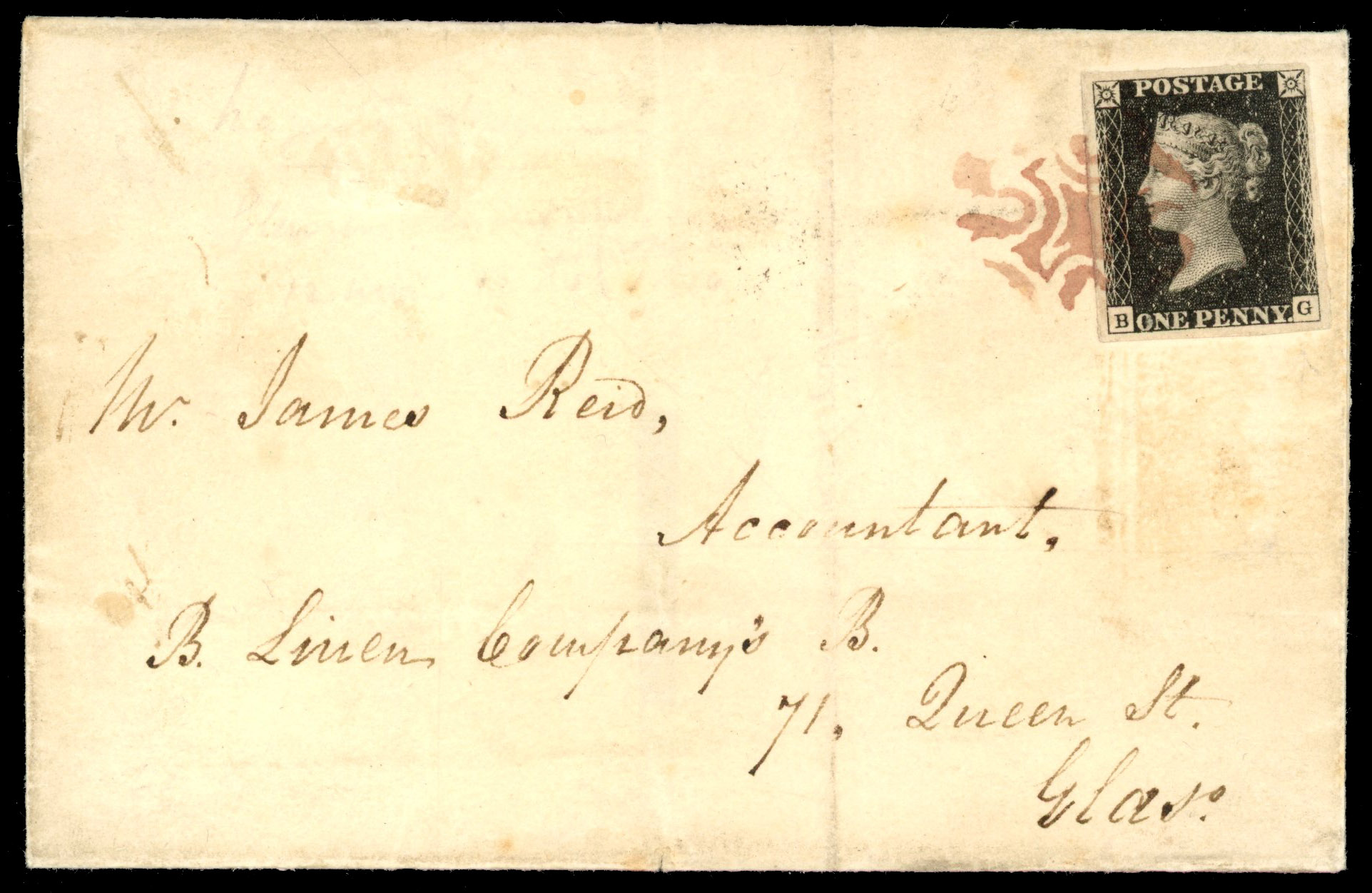 GB 1840 1d black, Plate 6 (BG) on cover