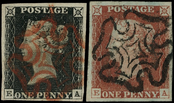 1840 1d black plate 1b (EA) cancelled red MC, four margins, with matching 1841 1d...