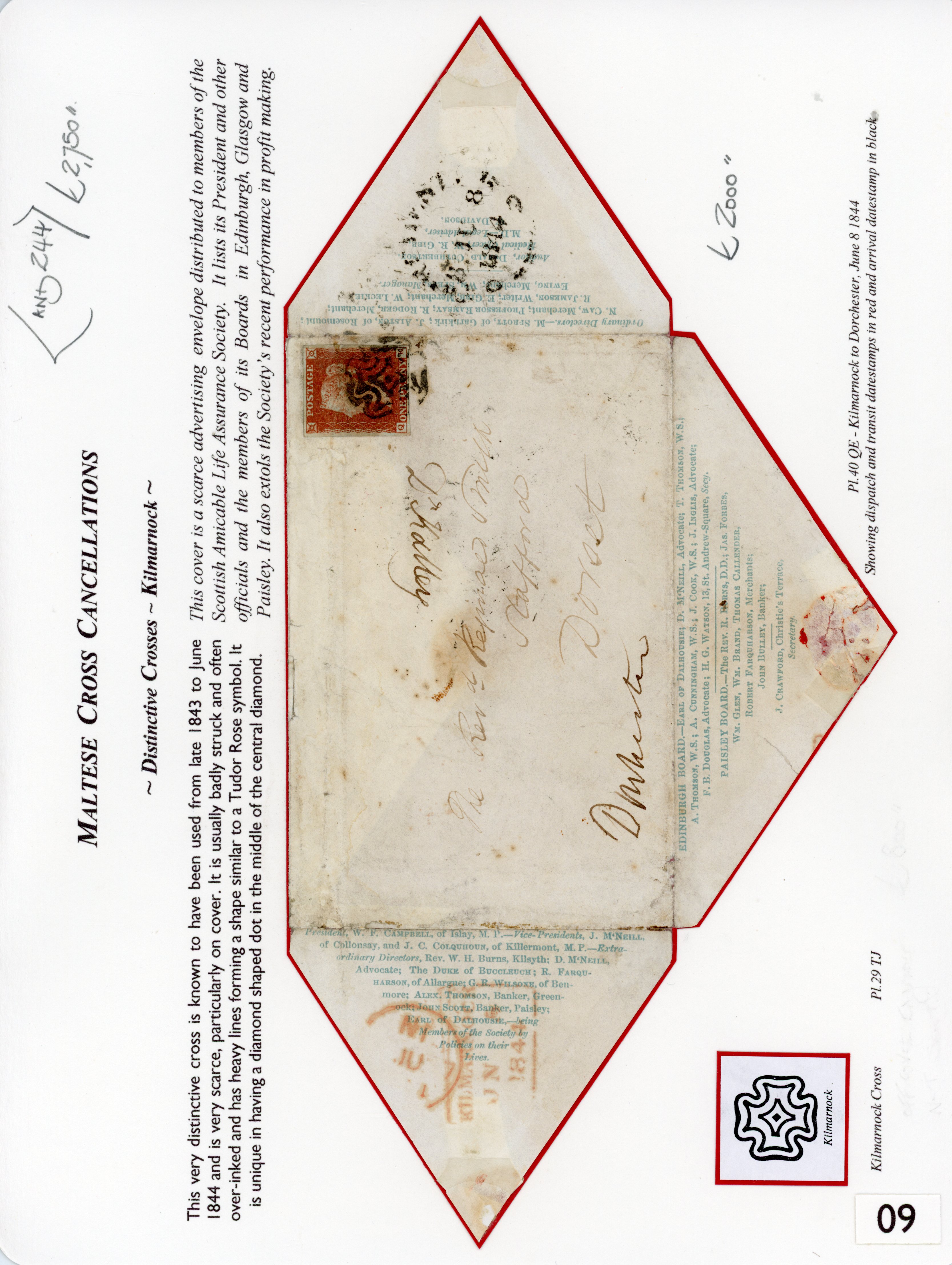 GB: 1841 1d red-brown, plate 40 (QE), on printed advertising cover to Dorset, tied by Kilmarnock Maltese Cross