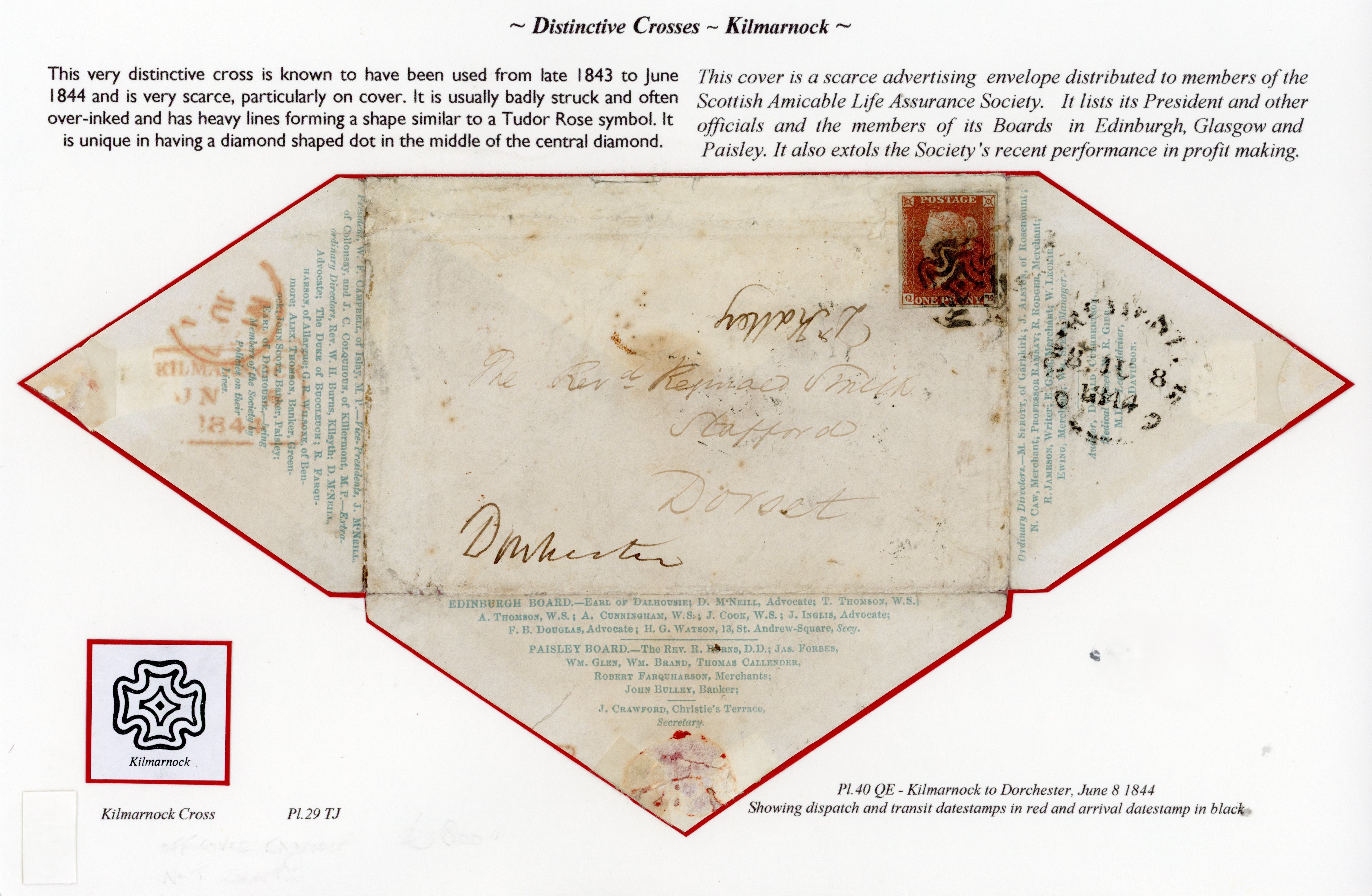 GB: 1841 1d red-brown, plate 40 (QE), on printed advertising cover to Dorset, tied by Kilmarnock Maltese Cross