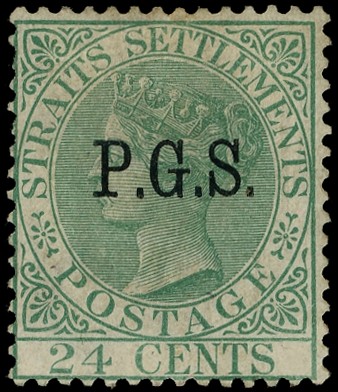 Official. 1889 24c green, watermark Crown CC, overprinted P.G.S., o.g. BPA Certificate (1948). Scarce. SG...