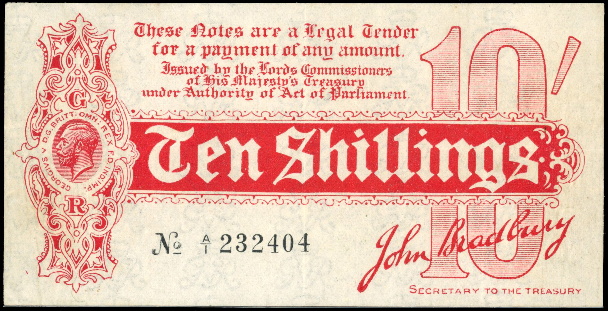Treasury, J. Bradbury, (first issue), Ten Shillings, Aug. 1914, A/1 232404. (Dugg. T9), Several crease marks v…