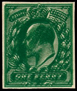 1902 1d Deep green plate proof. Very fine unused imperforate example showing double impression, printed by DLR on thin...