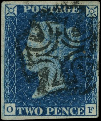 1840 2d blue, plate 1 (OF), good even margins, cancelled