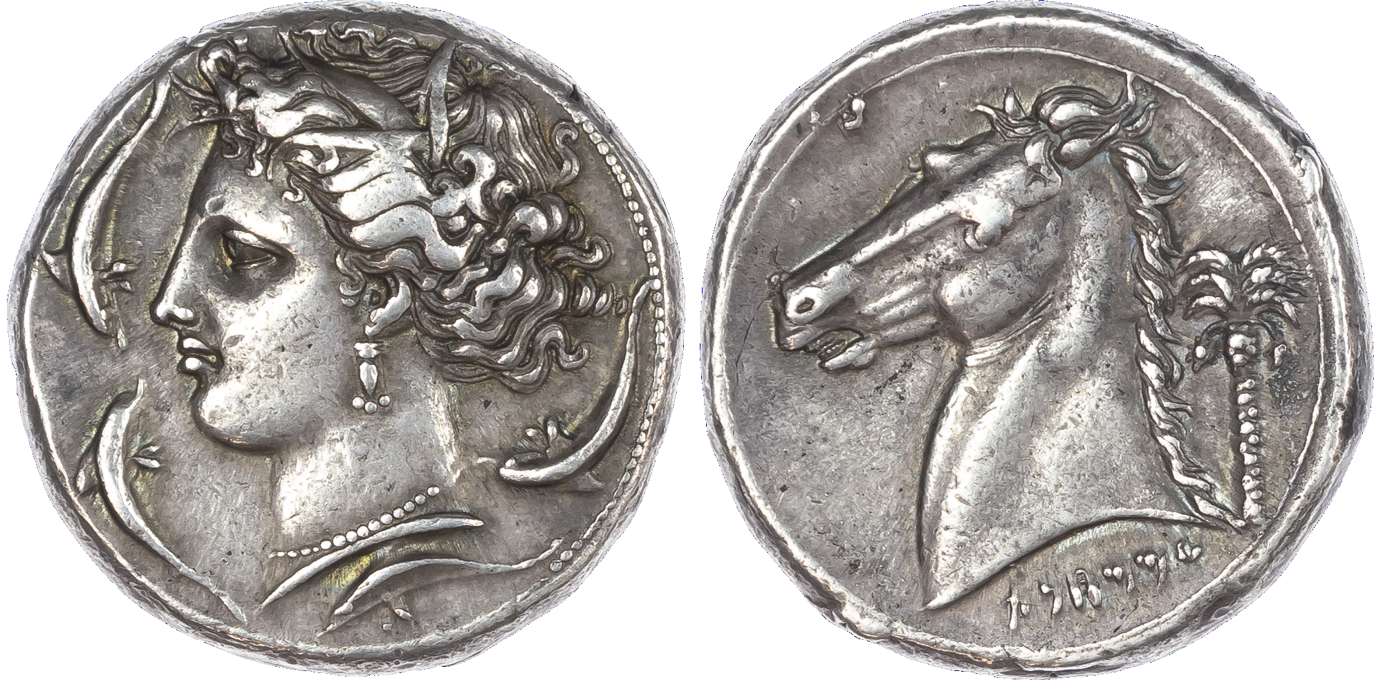 Sicily, Siculo‑Punic, Entella (c. 320/15-300 BC) AR Tetradrachm, 17.27g. Wreathed head of Arethusa facing right, surrounded