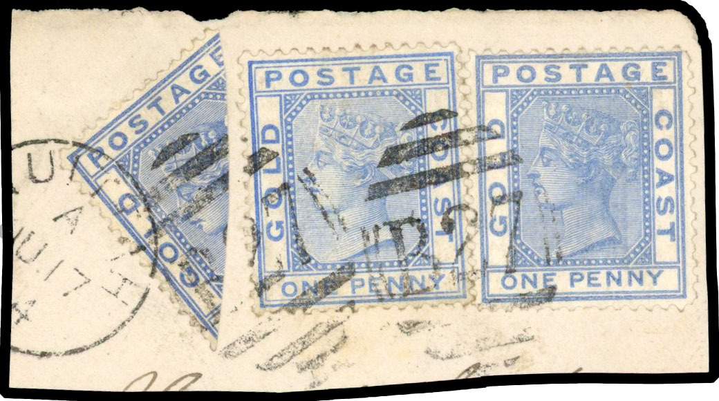 1884 1d blue bisect and two 1d blues tied to small paper piece by ‘B27’ obliterators SG 6, 6a