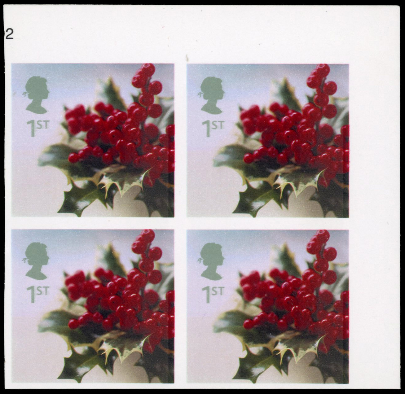 GB 2002 Christmas (1st) Holly imperforate block mint