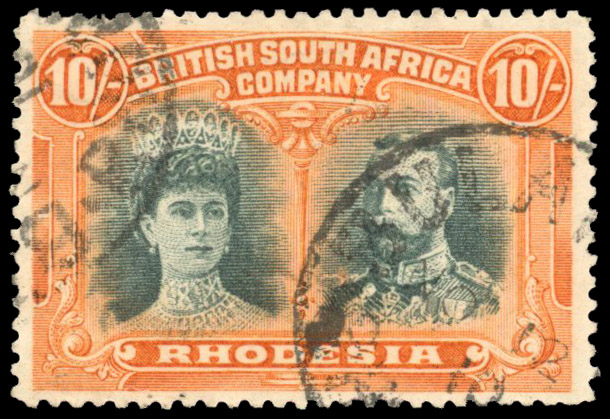 Rhodesia 1910-13 10s blue-green and orange used