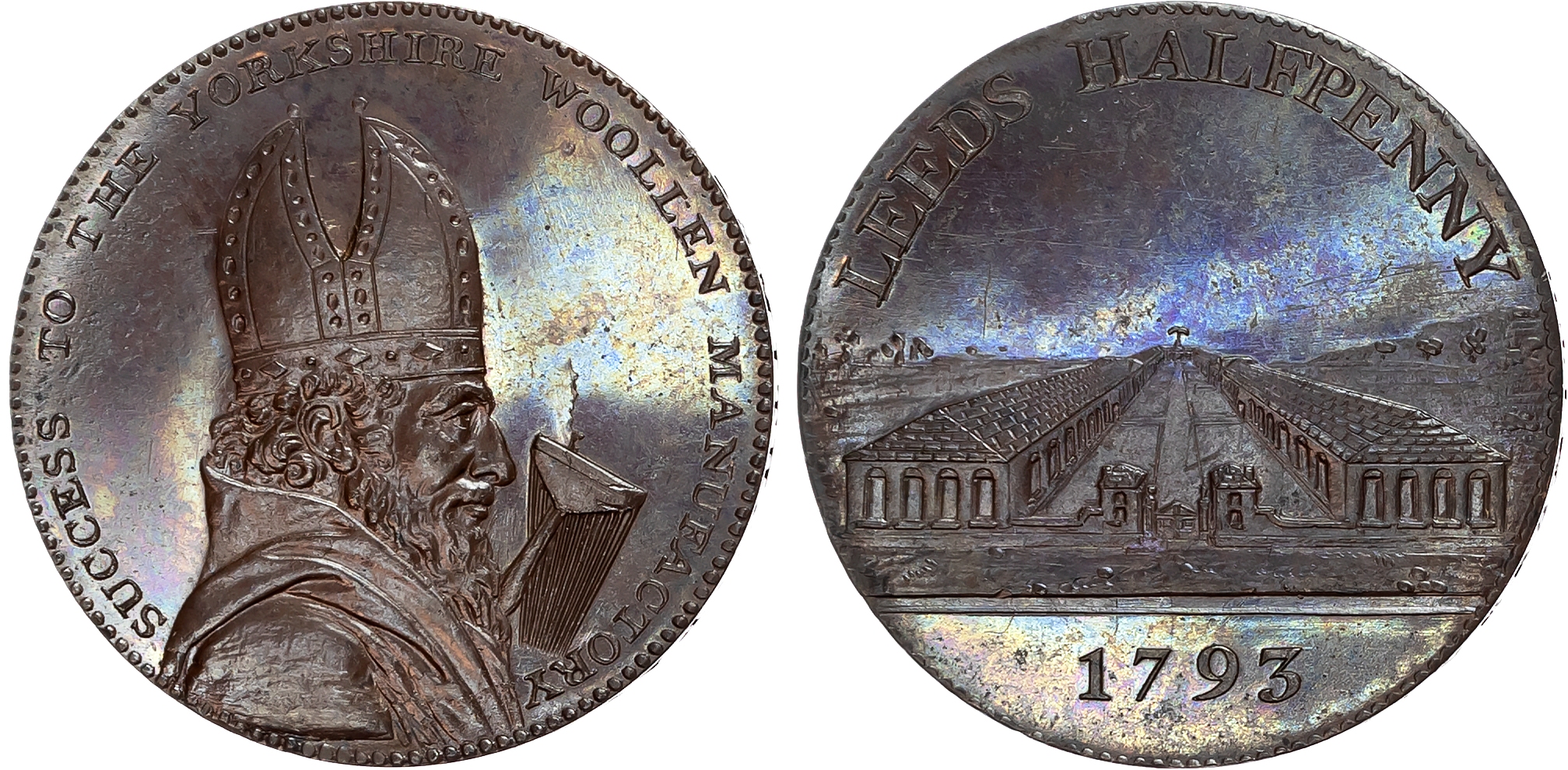 Yorks. Leeds , Henry Brownbill (silversmith, watchmaker) bronzed proof Halfpenny 1793, Bust of Bishop Blaze with woolcom …