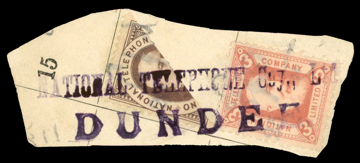 1884 1/- brown (bisected) & 3d dull red "National Telephone Company", used on piece tied by "NATIONAL TELEPHONE CO. LTD/...