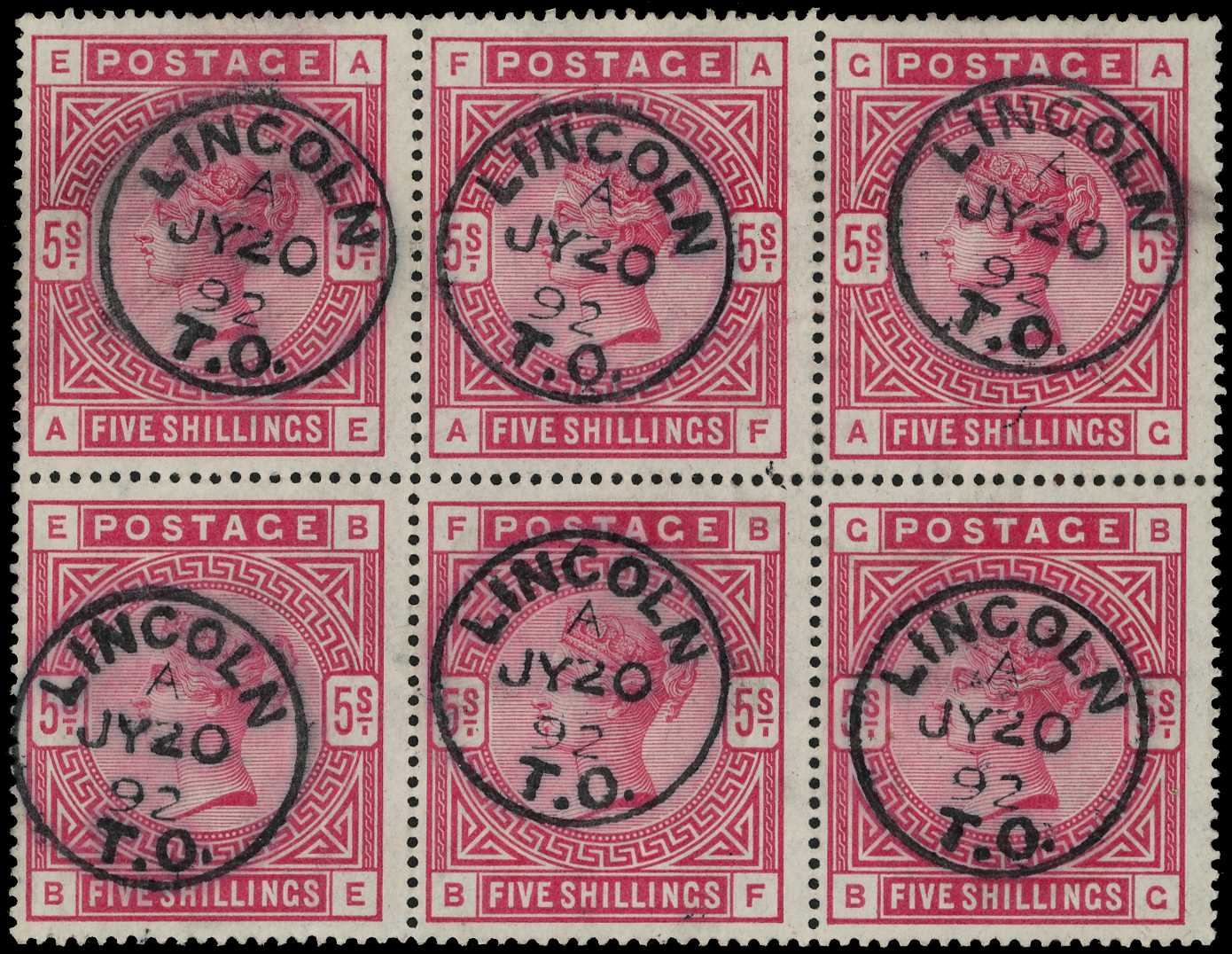 1884 5s crimson. Very fine used block of...