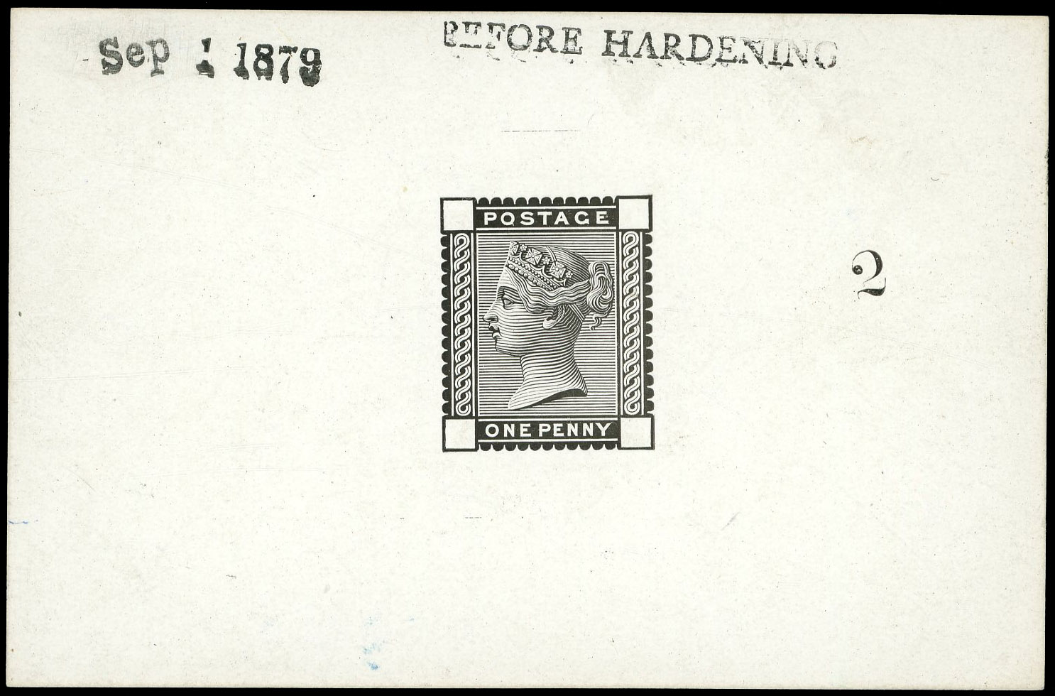 1880 1d Venetian red. Very fine die-proof printed in black on white glazed card (92x61mm) dated ’Sep 1 1879’ and endorse…