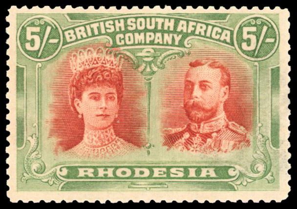 Rhodesia 1910-13 5s deeper Indian red and green perf 14