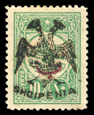 Albania 1913 10pa green with 'Beyiye' and black Eagle large part o.g.