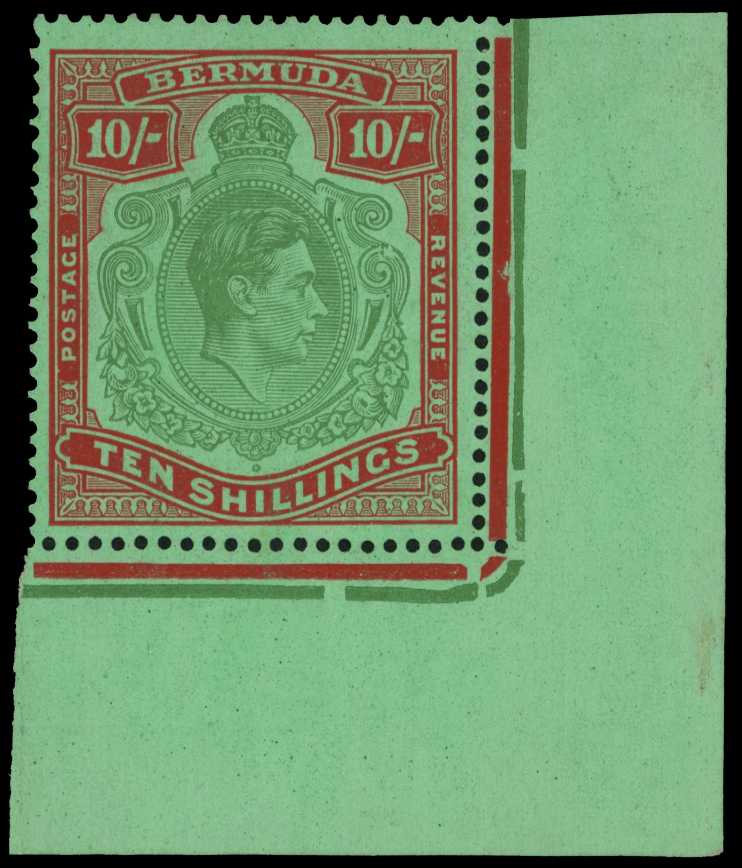 1943 10/- yellowish green and deep carmine-red...