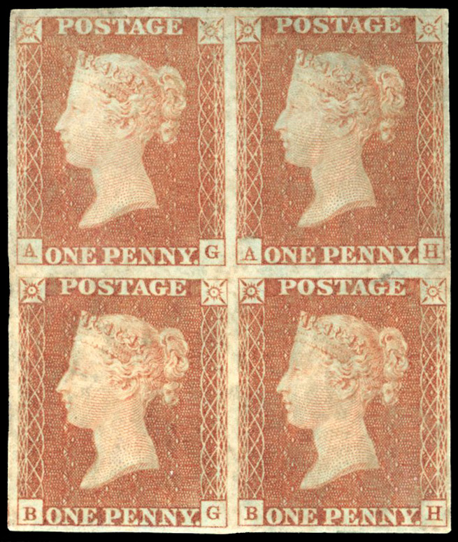 GB 1d red-brown Plate 11 mint block of four