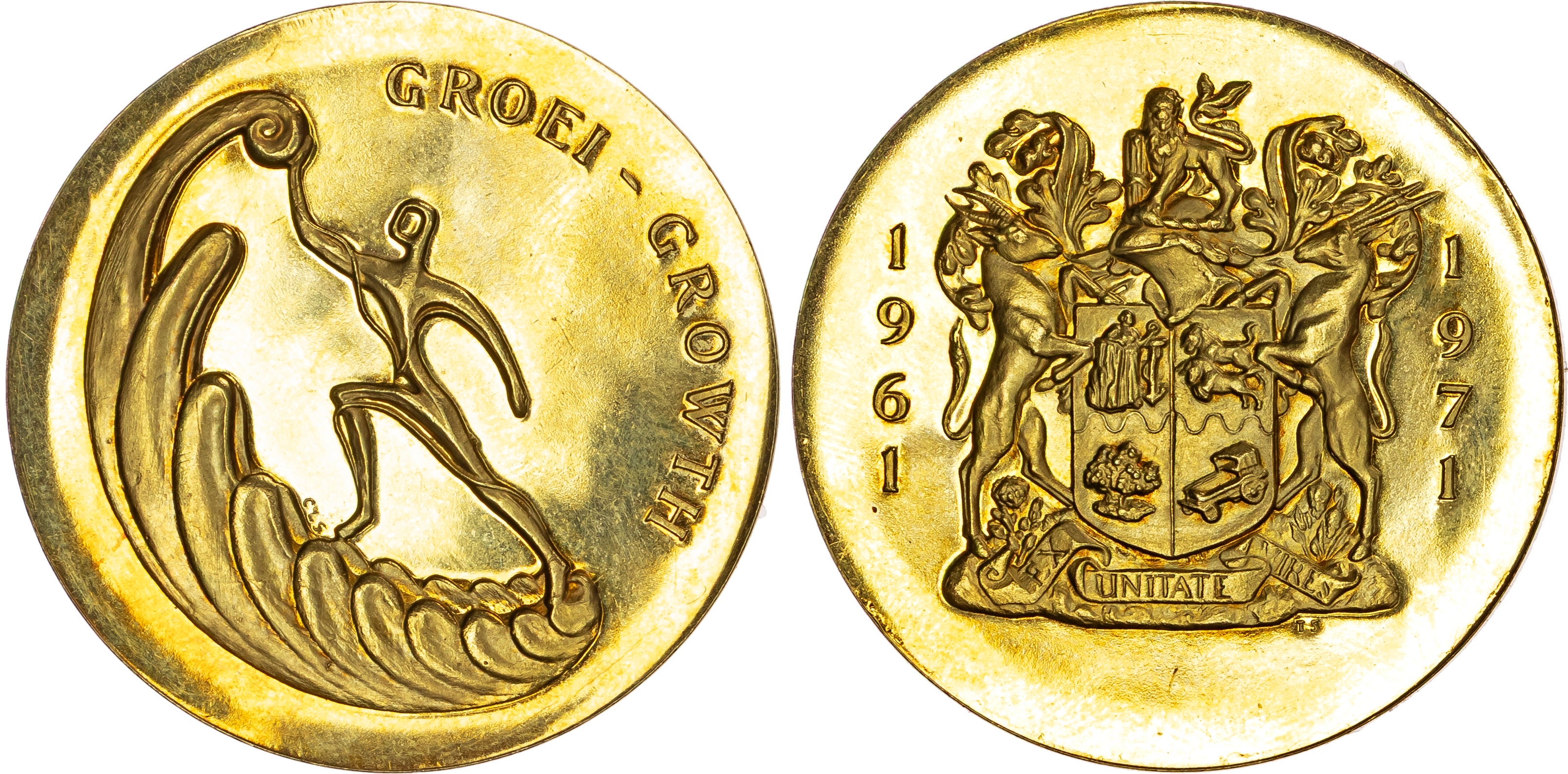 South Africa Tenth Anniversary of the Republic of South Africa, 1971. Gold medal by T Sasseen and C L Steynberg.