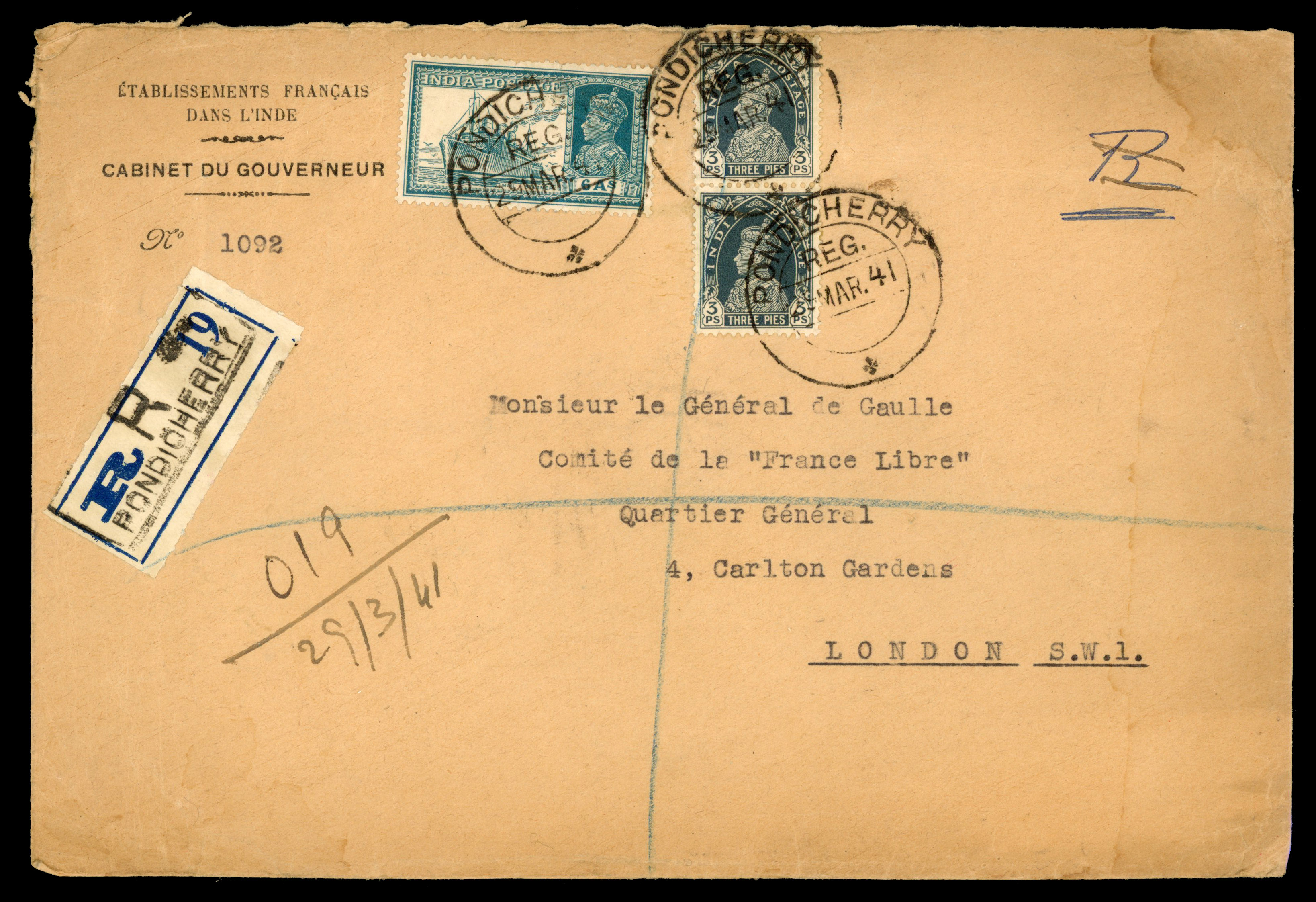 India Used Abroad Pondicherry cover to London 