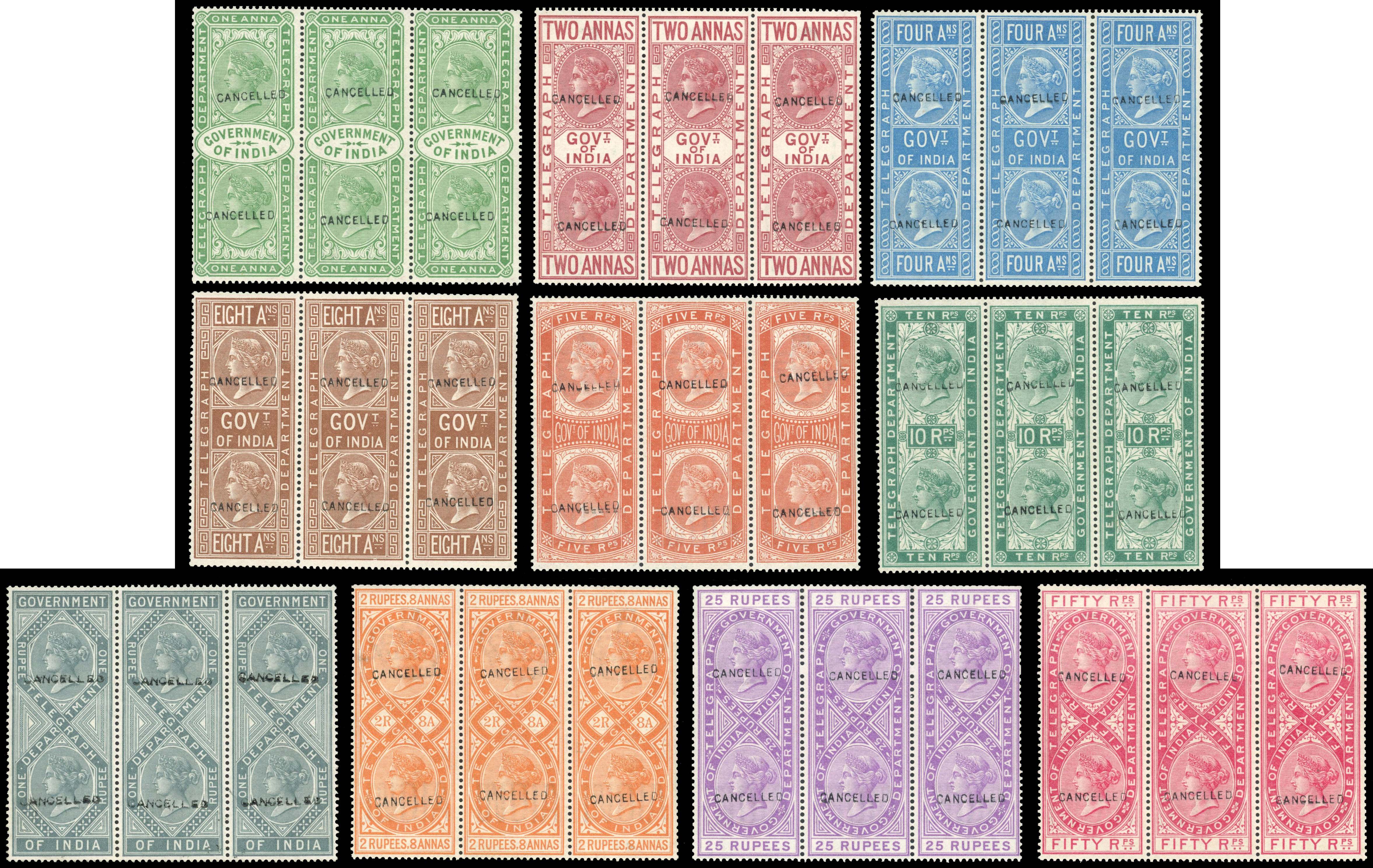 India Telegraph 1882 watermark T25 complete set of 10 to 50r, handstamped DLR "CANCELLED"