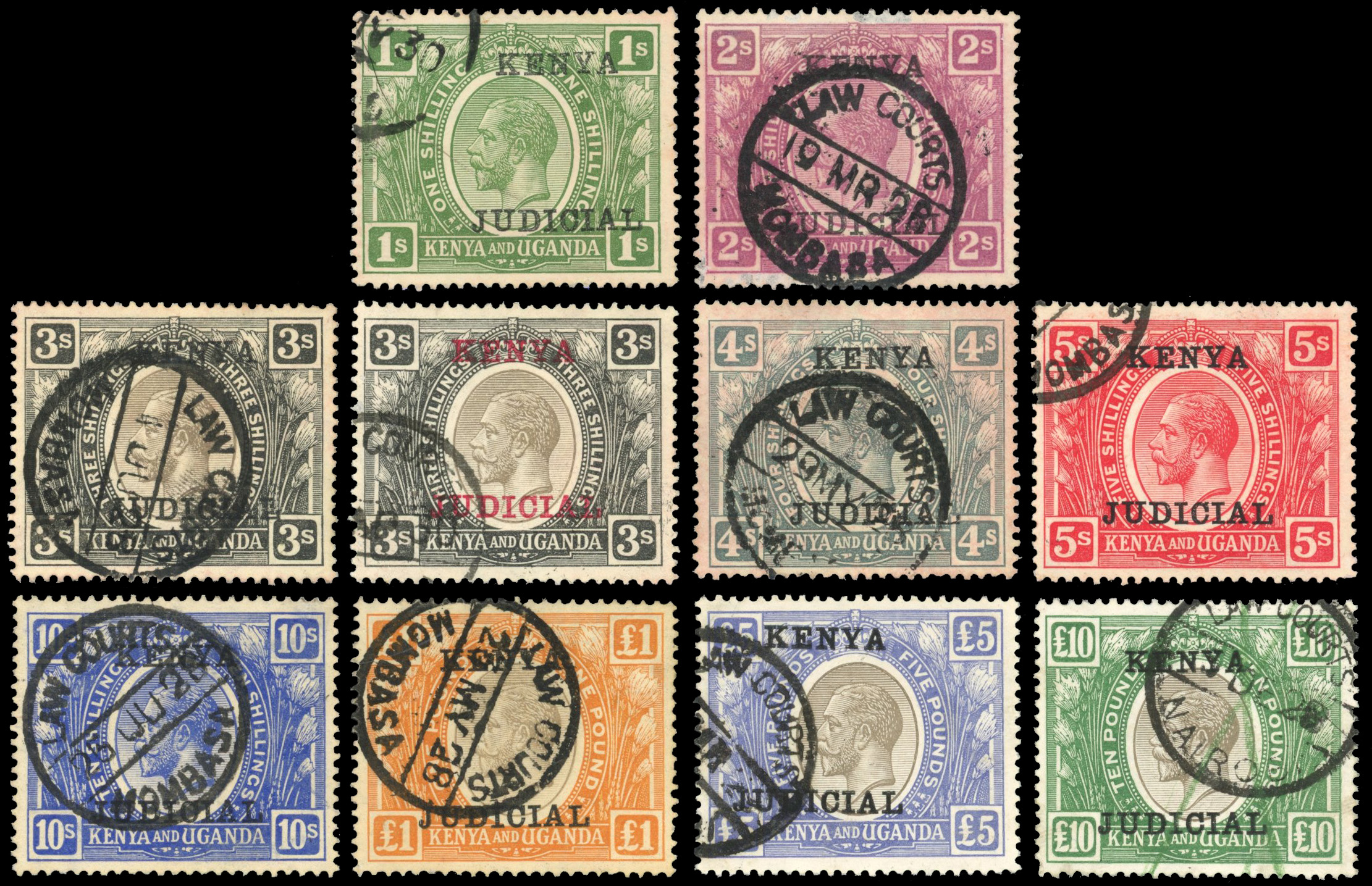 Kenya Revenue 1922 Judicial overprints to £10 used