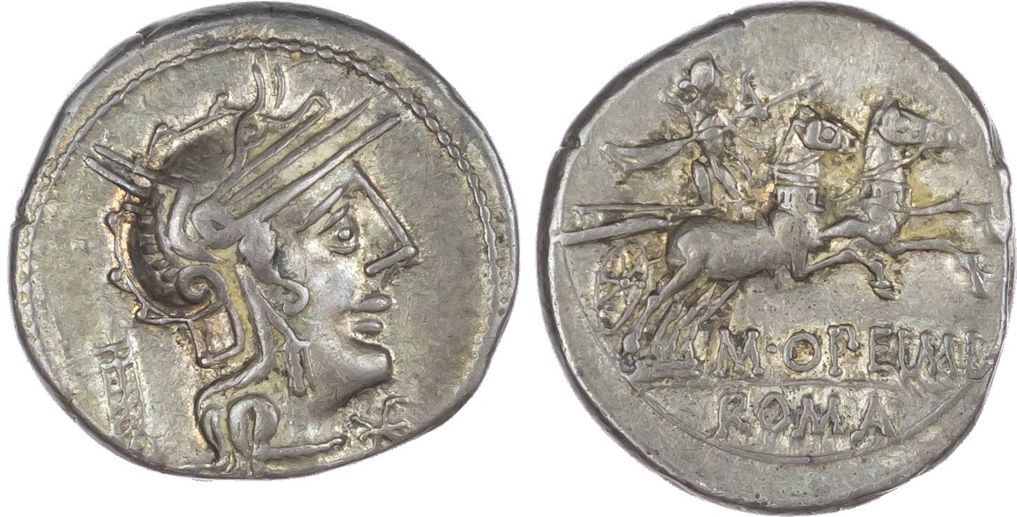 M. Opeimius (131 BC) AR Denarius, Rome, 3.92g. Helmeted head of Roma facing right, tripod behind, mark of value to right.