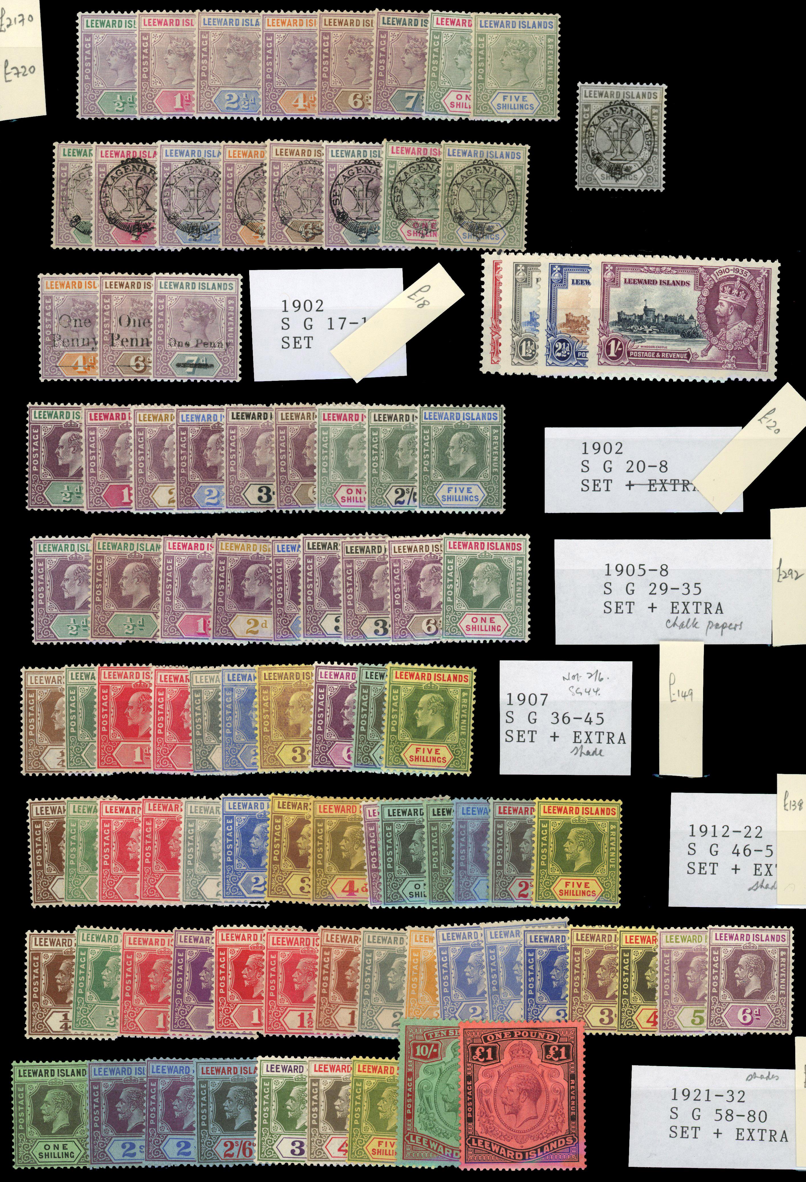 Leeward Islands:  Mint on card including 1890 to 5s, 1897 to 5s, 1902 to 5s, 1905 to 1s, 1907 to 5s, 1912 to 5s, 1921 to £1, 