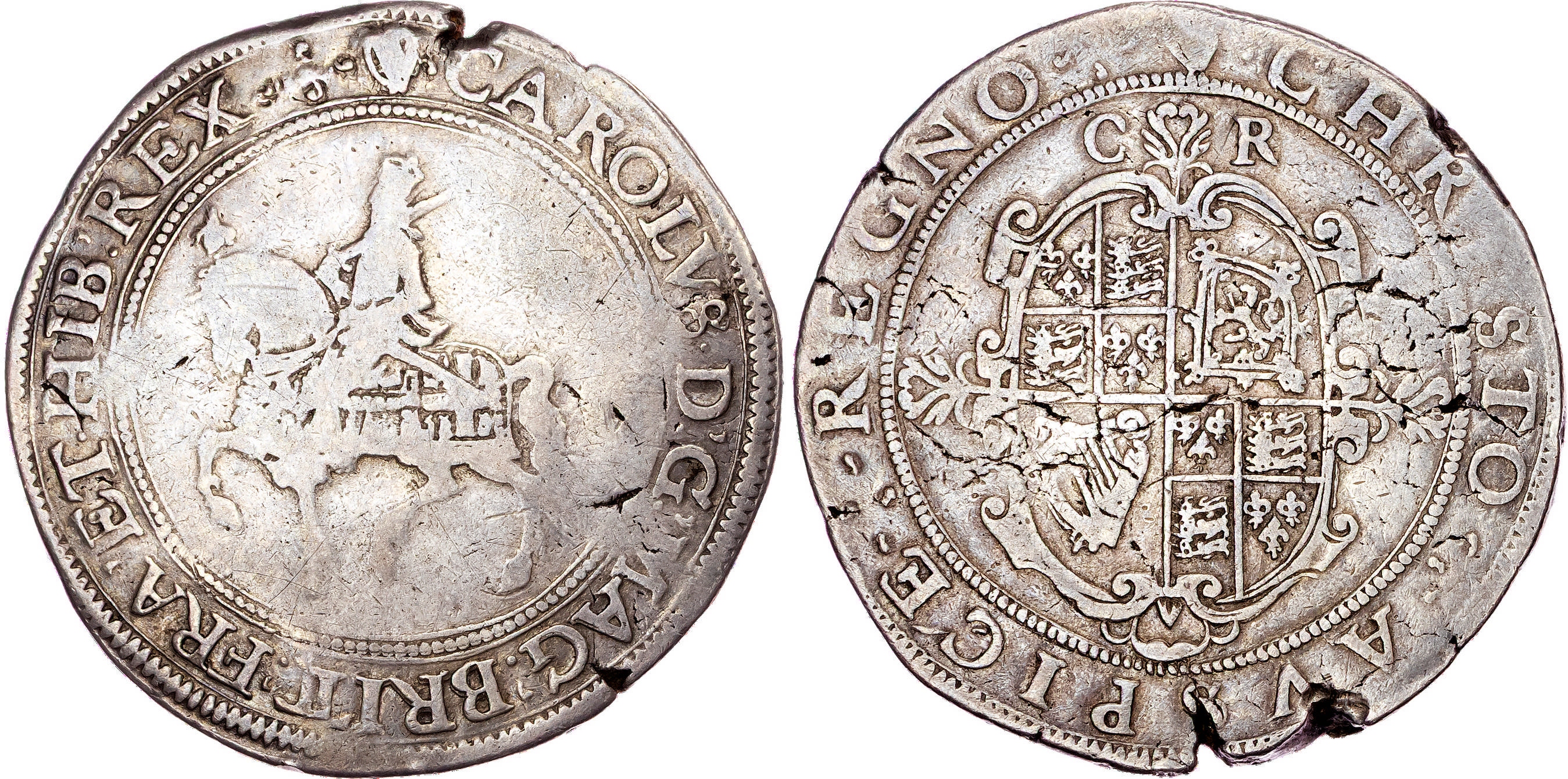 Charles I (1625-1649), AR Crown, Group II, type 2a, Tower (London) mint, under King, mm. harp (1632-3).