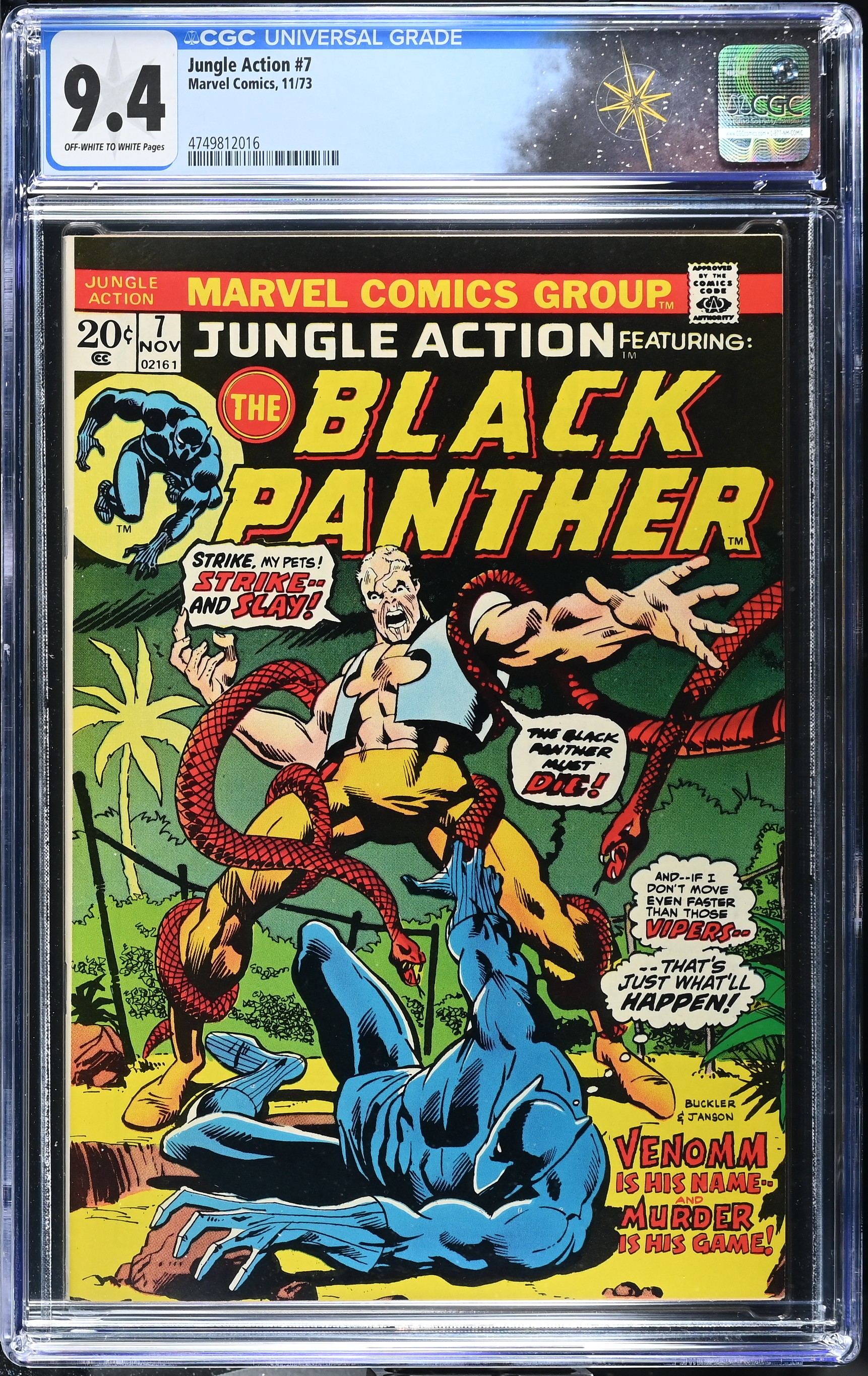 Jungle Action #7 CGC 9.4 1st Appearance of Venomm (Horatio Walters) (Marvel Comics, 1973) Off-White to White Pages